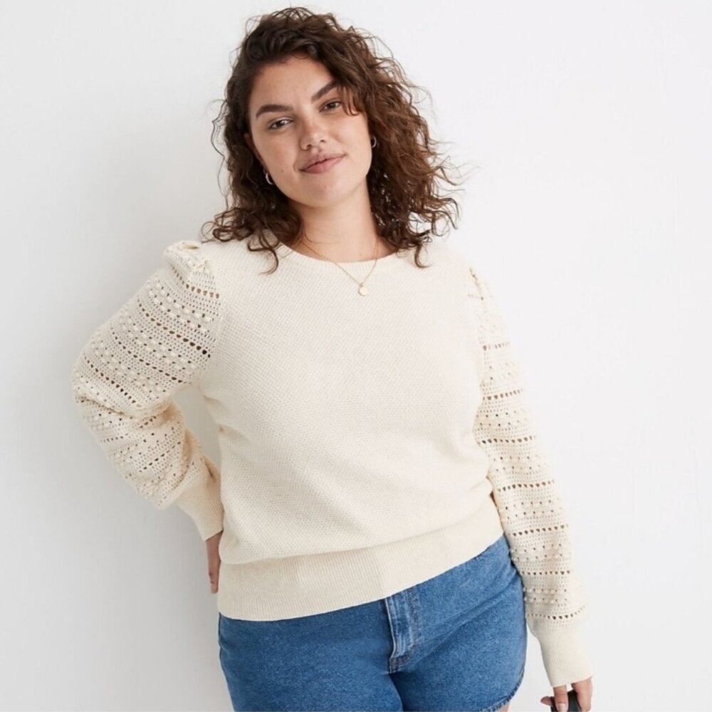 Madewell Wool Blend Bobble Sleeve Pullover Sweater in Antique Cream Size Med